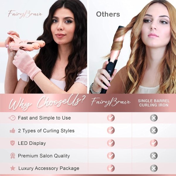 3 Barrel Curling Iron Wand - Triple Hair Waver & Crimper for Beach Waves Set, Ceramic Tourmaline with Adjustable Temperature - Beach Waver, Black - Image 15