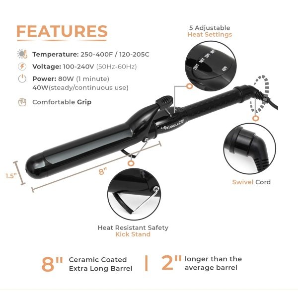 1.25 Inch Curling Iron with Clip - Professional 8" Extra Large Barrel for Big Long Hair | 1 1/4" 32mm Wide Thick Ceramic Curler Wand | Adjustable Temperature | Dual Voltage - Image 4