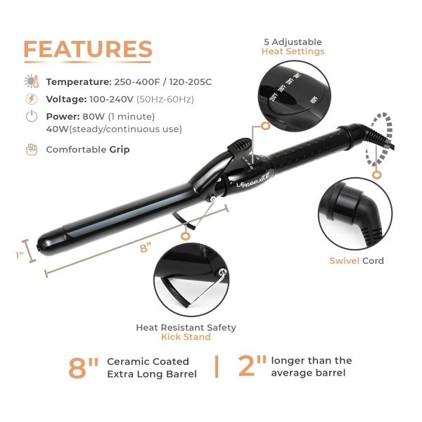 1.25 Inch Curling Iron with Clip - Professional 8" Extra Large Barrel for Big Long Hair | 1 1/4" 32mm Wide Thick Ceramic Curler Wand | Adjustable Temperature | Dual Voltage - Image 9