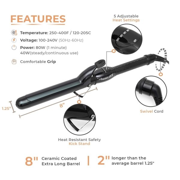 1.25 Inch Curling Iron with Clip - Professional 8" Extra Large Barrel for Big Long Hair | 1 1/4" 32mm Wide Thick Ceramic Curler Wand | Adjustable Temperature | Dual Voltage - Image 10