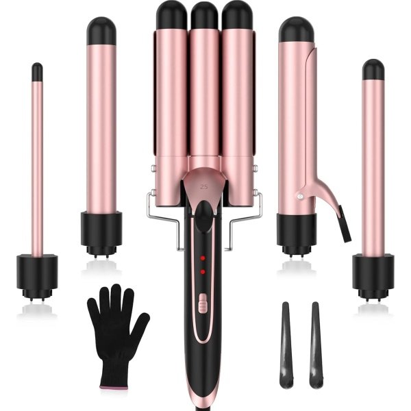 Tourmaline Curling Iron, 6 in 1 Curling Wand Set with Hair Straightener Brush, Professional Hair Curler with 6 Interchangeable Ceramic Barrels, Instant Heat Up Hair Iron with Heat Resistant Glove