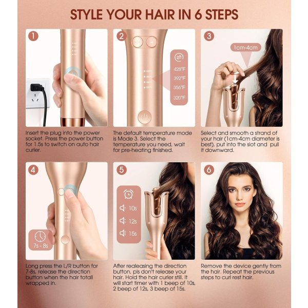 Automatic Hair Curler, Professional Anti-Tangle Automatic Curling Iron with 1" Curling Iron Large Slot & 4 Temperature & 3 Timer, Dual Voltage Rotating Curling Iron with Auto Shut-Off for Hair Styling - Image 8