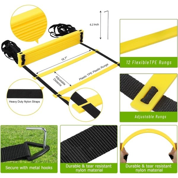 Soccer Agility Training Equipment Set, Soccer Accessories 20Ft Agility Ladder, 12 Cones, Solo Soccer Trainer, Jump Rope Speed Training Equipment Gifts for Boy - Image 4