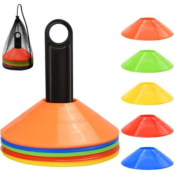 Disc Cones, 25/50/100/200 Pack Agility Soccer Cones with Carry Bag and Holder, Soccer Cones for Sports Training, Football, Soccer, Basketball, Coaching, Practice Equipment, 5 Color