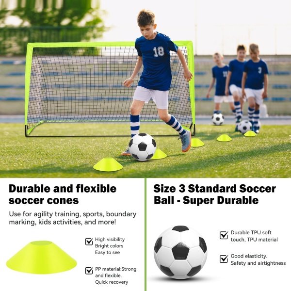 Soccer Goal - Set of 2 Soccer Nets, 6x4 ft Portable Pop Up Soccer Goals for Backyard - Soccer Training Equipment with Soccer Ball, Ladder, and Cones - Toddler Kids Youth Outdoor Game Toys - Image 6