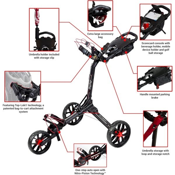 Bag Boy Nitron 3 Wheel Golf Push Cart, Easy 1 Step Open and Fold, Scorecard Console, Beverage Holder, Mobile Device Holder, Handle Mounted Parking Brake - Image 6