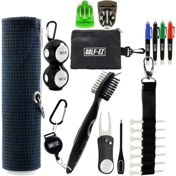 Golf Essentials Kit | Golf Towel | Cleaning Brush | TRI-LINE Golf Ball Alignment Kit | Divot Repair Tool | Golf Ball & Tee Holder