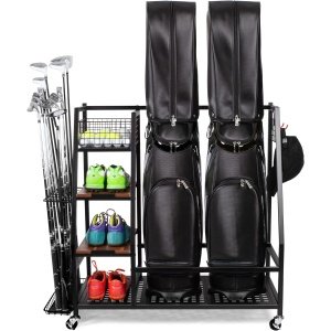 Golf Bags Storage Garage Organizer, Golf Bag Rack Fits 2/3 Golf Bags and Golf Equipment Accessories, Golf Club Storage Stand with Wooden Shelf and Lockable Wheels for Garage Indoor Basement