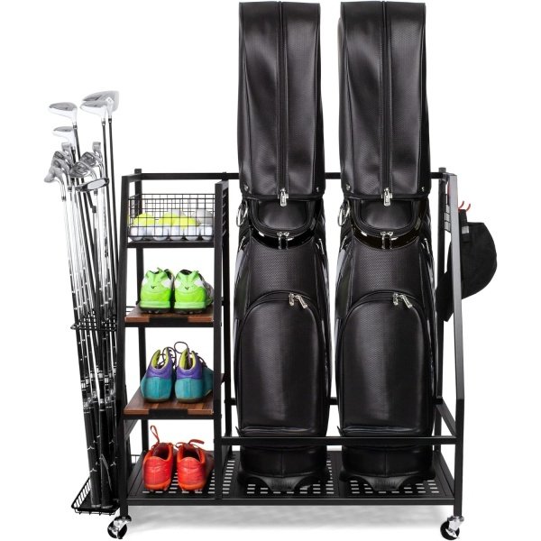 Golf Bags Storage Garage Organizer, Golf Bag Rack Fits 2/3 Golf Bags and Golf Equipment Accessories, Golf Club Storage Stand with Wooden Shelf and Lockable Wheels for Garage Indoor Basement