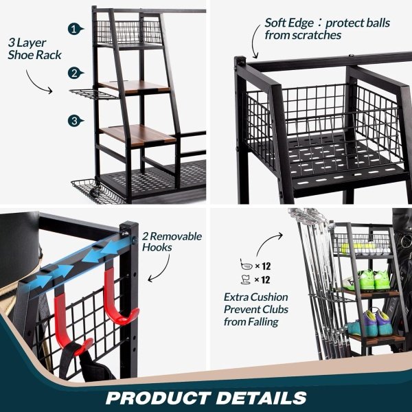 Golf Bags Storage Garage Organizer, Golf Bag Rack Fits 2/3 Golf Bags and Golf Equipment Accessories, Golf Club Storage Stand with Wooden Shelf and Lockable Wheels for Garage Indoor Basement - Image 3