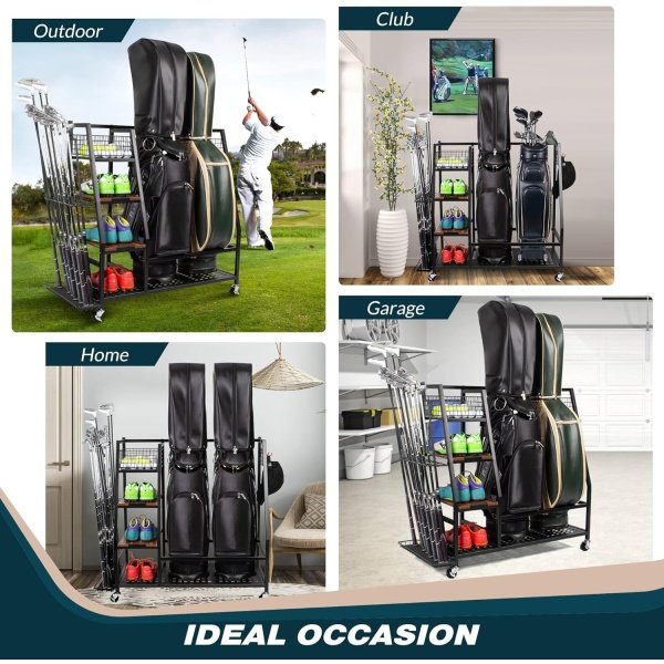 Golf Bags Storage Garage Organizer, Golf Bag Rack Fits 2/3 Golf Bags and Golf Equipment Accessories, Golf Club Storage Stand with Wooden Shelf and Lockable Wheels for Garage Indoor Basement - Image 5