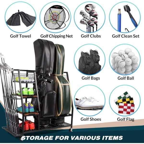 Golf Bags Storage Garage Organizer, Golf Bag Rack Fits 2/3 Golf Bags and Golf Equipment Accessories, Golf Club Storage Stand with Wooden Shelf and Lockable Wheels for Garage Indoor Basement - Image 7