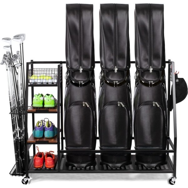 Golf Bags Storage Garage Organizer, Golf Bag Rack Fits 2/3 Golf Bags and Golf Equipment Accessories, Golf Club Storage Stand with Wooden Shelf and Lockable Wheels for Garage Indoor Basement - Image 8