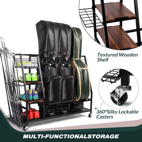 Golf Bags Storage Garage Organizer, Golf Bag Rack Fits 2/3 Golf Bags and Golf Equipment Accessories, Golf Club Storage Stand with Wooden Shelf and Lockable Wheels for Garage Indoor Basement - Image 9