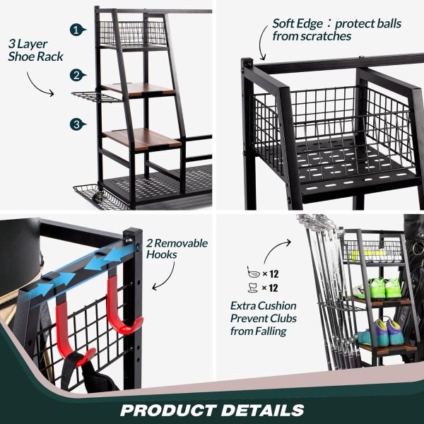 Golf Bags Storage Garage Organizer, Golf Bag Rack Fits 2/3 Golf Bags and Golf Equipment Accessories, Golf Club Storage Stand with Wooden Shelf and Lockable Wheels for Garage Indoor Basement - Image 10