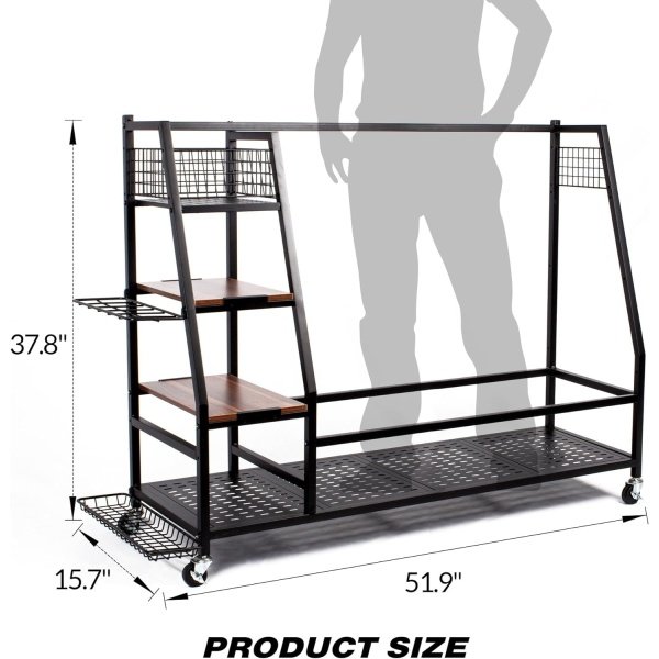 Golf Bags Storage Garage Organizer, Golf Bag Rack Fits 2/3 Golf Bags and Golf Equipment Accessories, Golf Club Storage Stand with Wooden Shelf and Lockable Wheels for Garage Indoor Basement - Image 13