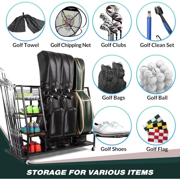 Golf Bags Storage Garage Organizer, Golf Bag Rack Fits 2/3 Golf Bags and Golf Equipment Accessories, Golf Club Storage Stand with Wooden Shelf and Lockable Wheels for Garage Indoor Basement - Image 14