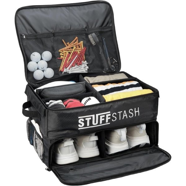 Golf Trunk Organizer - With Two Shoe Compartments, Dividers, Storage for Tees, Gloves, Balls and More - Store Accessories in Your Car or SUV - Golfer Gift Essentials for Men and Women