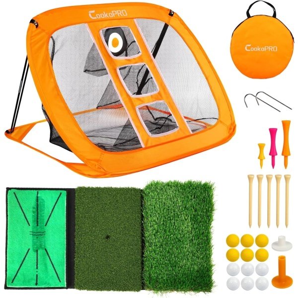 Golf Chipping Net Set,Pop Up Golf Net with Durable Rubber Training Mat,10 Golf Tees,6 Practice Balls,6 Foam Balls and Carry Bag for Indoor & Outdoor Game