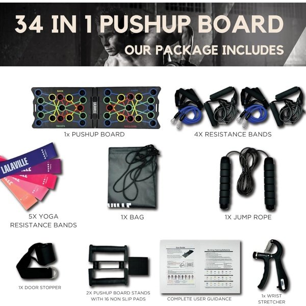 Push Up Board Fitness 2024, Portable Foldable 34 in 1 Push Up Bar at Home Gym, 2x Pushup Handles, 2x Resistance Bands, 1x Jump Rope, 1x Wrist Strengthener, 1x Bag, 5x Yoga Resistance Bands, Professional Equipment for Men and Women - Imagen 4