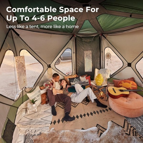 Space Acacia Camping Tent XL, 4-6 Person Large Family Tent with 6'10'' Height, 2 Doors, 8 Windows, Waterproof Pop Up Easy Setup Hub Tent with Rainfly, Footprint for Car Camping, Glamping, Black - Image 2