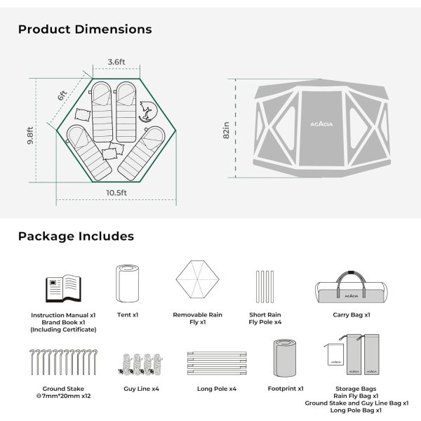 Space Acacia Camping Tent XL, 4-6 Person Large Family Tent with 6'10'' Height, 2 Doors, 8 Windows, Waterproof Pop Up Easy Setup Hub Tent with Rainfly, Footprint for Car Camping, Glamping, Black - Image 5