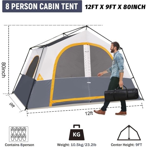 HIKERGARDEN 8 Person Camping Tent - Portable Family Cabin Tent for Camp, Windproof Fabric Camp Tent Outdoor for Hiking, Backpacking, Traveling-12'x9'x80in(H) - Imagen 2