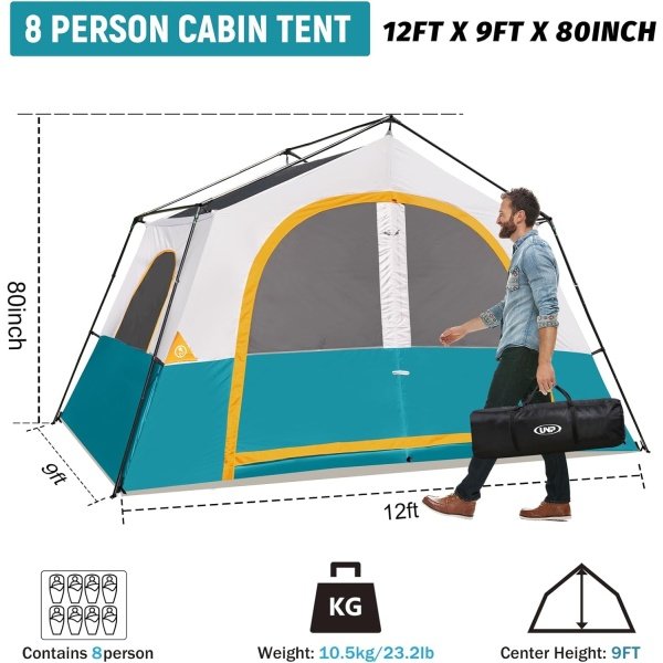 HIKERGARDEN 8 Person Camping Tent - Portable Family Cabin Tent for Camp, Windproof Fabric Camp Tent Outdoor for Hiking, Backpacking, Traveling-12'x9'x80in(H) - Imagen 8