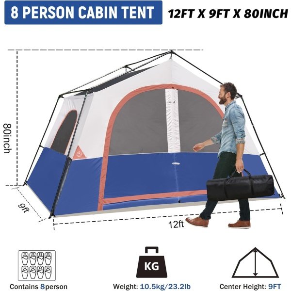 HIKERGARDEN 8 Person Camping Tent - Portable Family Cabin Tent for Camp, Windproof Fabric Camp Tent Outdoor for Hiking, Backpacking, Traveling-12'x9'x80in(H) - Imagen 14