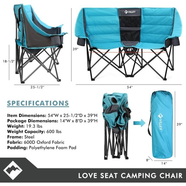 VILLEY Double Camping Chair w/Cooler Bag, Extra Wide Loveseat, Heavy Duty Padded Camping Couch, Portable Folding Chair w/Carry Bag Steel Frame Cup Holders for Camp Lawn Picnic Sports, Support 600LBS - Imagen 2
