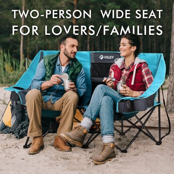 VILLEY Double Camping Chair w/Cooler Bag, Extra Wide Loveseat, Heavy Duty Padded Camping Couch, Portable Folding Chair w/Carry Bag Steel Frame Cup Holders for Camp Lawn Picnic Sports, Support 600LBS - Imagen 3