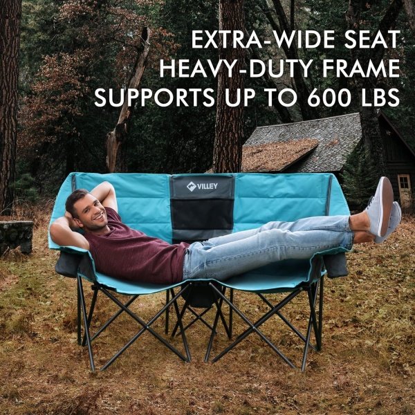 VILLEY Double Camping Chair w/Cooler Bag, Extra Wide Loveseat, Heavy Duty Padded Camping Couch, Portable Folding Chair w/Carry Bag Steel Frame Cup Holders for Camp Lawn Picnic Sports, Support 600LBS - Imagen 5