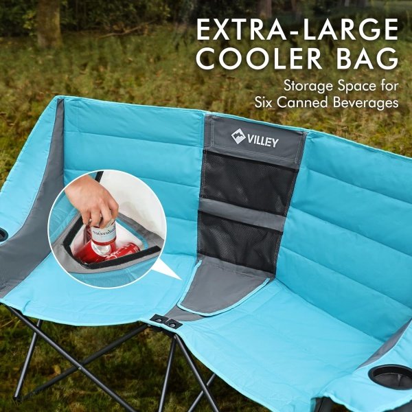 VILLEY Double Camping Chair w/Cooler Bag, Extra Wide Loveseat, Heavy Duty Padded Camping Couch, Portable Folding Chair w/Carry Bag Steel Frame Cup Holders for Camp Lawn Picnic Sports, Support 600LBS - Imagen 6