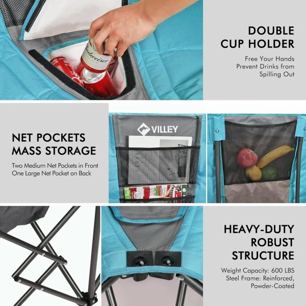 VILLEY Double Camping Chair w/Cooler Bag, Extra Wide Loveseat, Heavy Duty Padded Camping Couch, Portable Folding Chair w/Carry Bag Steel Frame Cup Holders for Camp Lawn Picnic Sports, Support 600LBS - Imagen 7