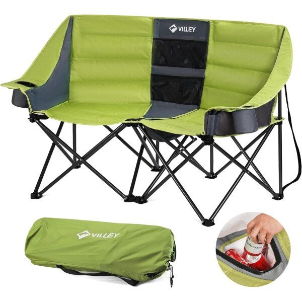 VILLEY Double Camping Chair w/Cooler Bag, Extra Wide Loveseat, Heavy Duty Padded Camping Couch, Portable Folding Chair w/Carry Bag Steel Frame Cup Holders for Camp Lawn Picnic Sports, Support 600LBS - Imagen 8