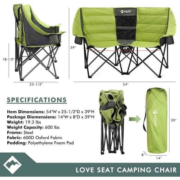 VILLEY Double Camping Chair w/Cooler Bag, Extra Wide Loveseat, Heavy Duty Padded Camping Couch, Portable Folding Chair w/Carry Bag Steel Frame Cup Holders for Camp Lawn Picnic Sports, Support 600LBS - Imagen 9