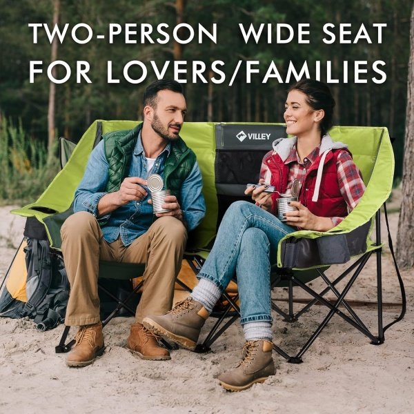 VILLEY Double Camping Chair w/Cooler Bag, Extra Wide Loveseat, Heavy Duty Padded Camping Couch, Portable Folding Chair w/Carry Bag Steel Frame Cup Holders for Camp Lawn Picnic Sports, Support 600LBS - Imagen 10