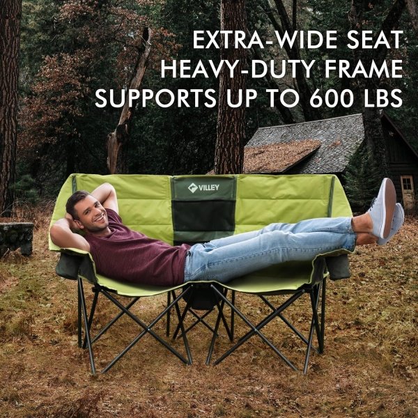 VILLEY Double Camping Chair w/Cooler Bag, Extra Wide Loveseat, Heavy Duty Padded Camping Couch, Portable Folding Chair w/Carry Bag Steel Frame Cup Holders for Camp Lawn Picnic Sports, Support 600LBS - Imagen 12