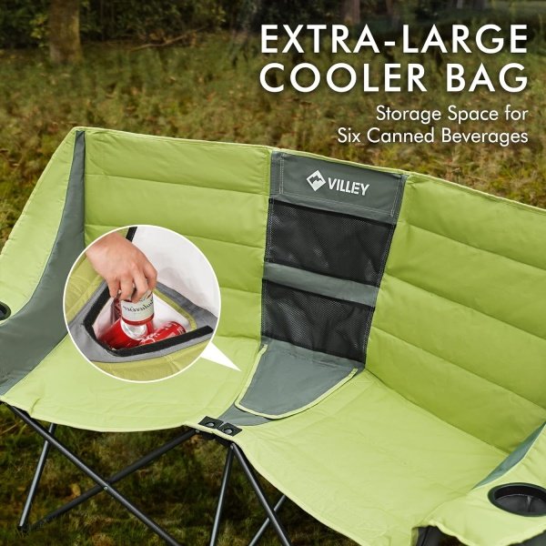 VILLEY Double Camping Chair w/Cooler Bag, Extra Wide Loveseat, Heavy Duty Padded Camping Couch, Portable Folding Chair w/Carry Bag Steel Frame Cup Holders for Camp Lawn Picnic Sports, Support 600LBS - Imagen 13