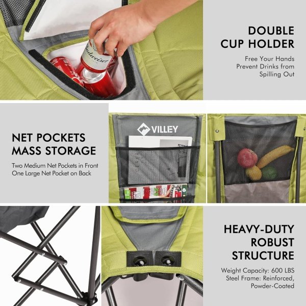 VILLEY Double Camping Chair w/Cooler Bag, Extra Wide Loveseat, Heavy Duty Padded Camping Couch, Portable Folding Chair w/Carry Bag Steel Frame Cup Holders for Camp Lawn Picnic Sports, Support 600LBS - Imagen 14