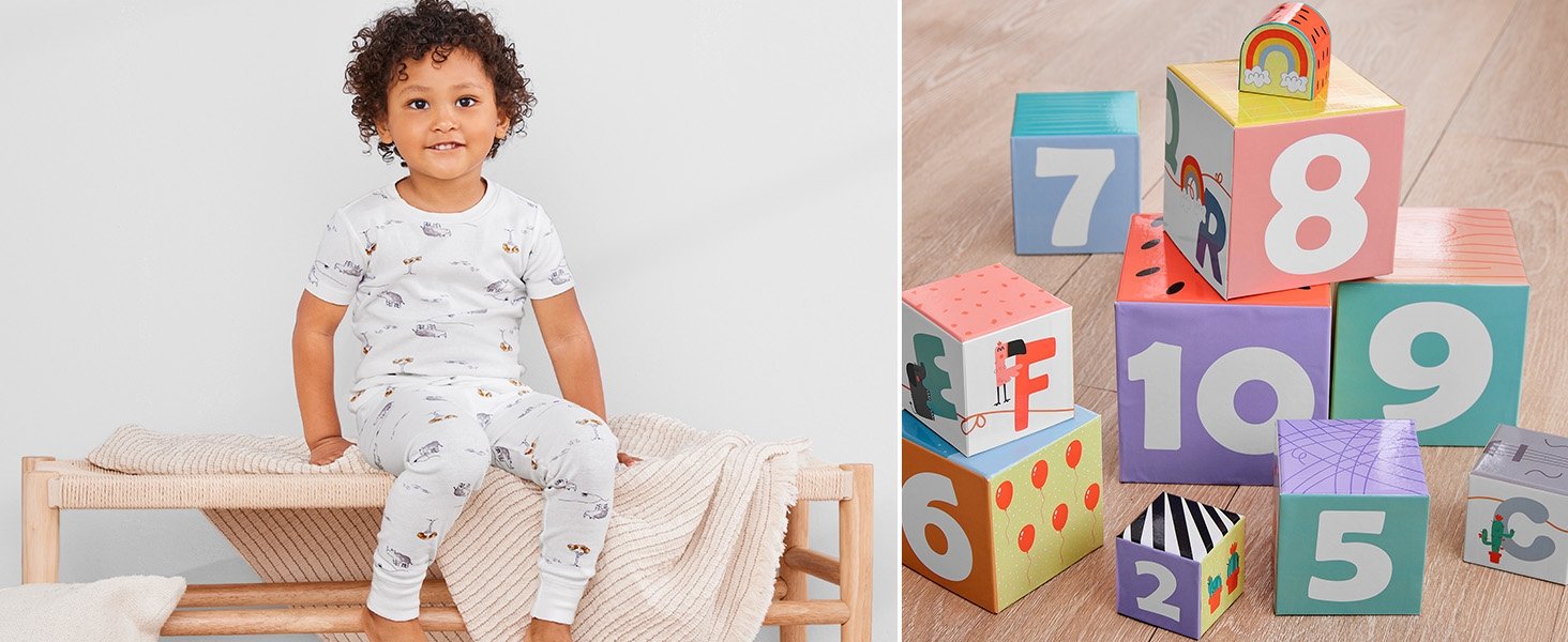 a toddler boy in a white pajama set and an image of a blocks set