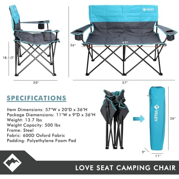 VILLEY Double Camping Chair, Extra Wide Loveseat, Heavy Duty Padded Camping Couch, Portable Folding Camp Chair w/Carry Bag, Steel Frame, Cup Holders for Camping Lawn Picnic Sports, Supports 500 LBS - Image 2
