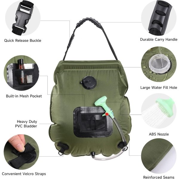 Solar Portable Shower Bag, 5 Gal/20L Solar Heating Camping Shower Bag with Removable Hose&On-Off Switchable Shower Head, Compact Camping Shower for Camping, Hiking, Traveling, Beach Swimming - Image 2