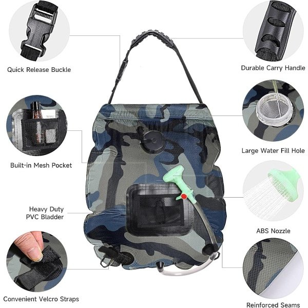 Solar Portable Shower Bag, 5 Gal/20L Solar Heating Camping Shower Bag with Removable Hose&On-Off Switchable Shower Head, Compact Camping Shower for Camping, Hiking, Traveling, Beach Swimming - Image 9