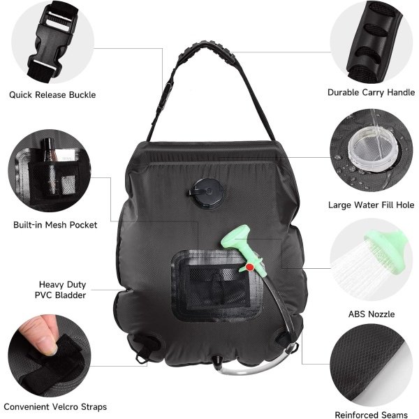 Solar Portable Shower Bag, 5 Gal/20L Solar Heating Camping Shower Bag with Removable Hose&On-Off Switchable Shower Head, Compact Camping Shower for Camping, Hiking, Traveling, Beach Swimming - Image 13