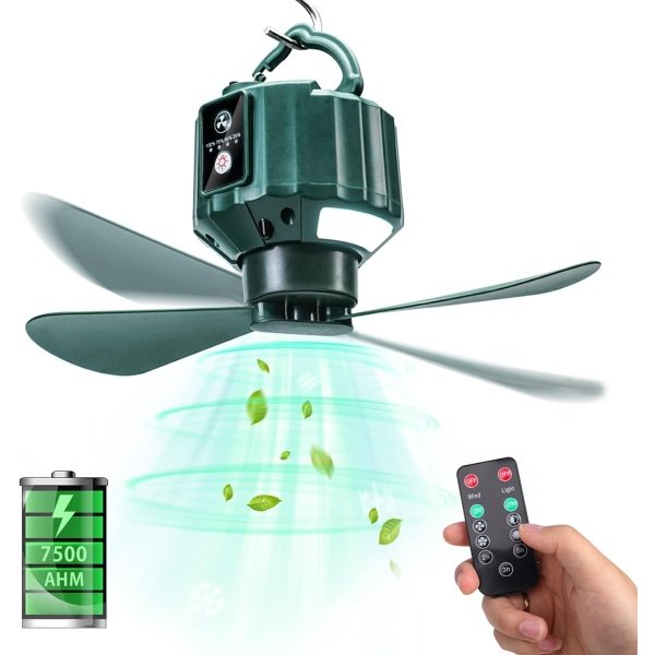 DUKUSEEK Tent Ceiling Fans for Camping, Portable Tent Fans with Light and Remote Control, Power Bank, USB Battery Operated Camping Fan with Hanging Hook for Outdoor Canopy Tent, RV