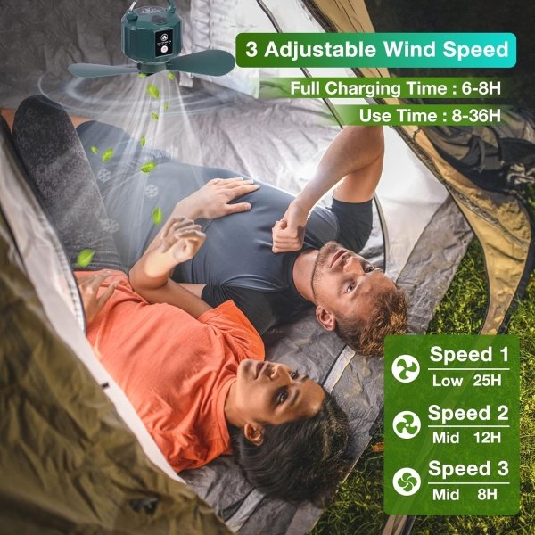 DUKUSEEK Tent Ceiling Fans for Camping, Portable Tent Fans with Light and Remote Control, Power Bank, USB Battery Operated Camping Fan with Hanging Hook for Outdoor Canopy Tent, RV - Image 3