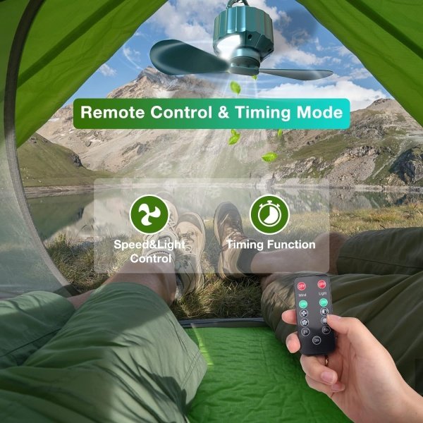 DUKUSEEK Tent Ceiling Fans for Camping, Portable Tent Fans with Light and Remote Control, Power Bank, USB Battery Operated Camping Fan with Hanging Hook for Outdoor Canopy Tent, RV - Image 4