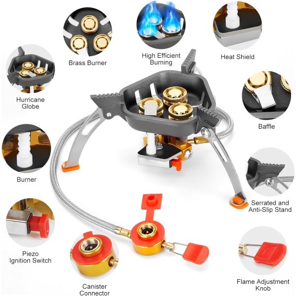 WADEO 7200W Windproof Camping Stove, Camping Gas Stove with Piezo Ignition, Two Fuel Canister Adapter, Carry Case, Portable Stove, Backpacking Stove for Outdoor Backpacking Hiking and Picnic - Imagen 4