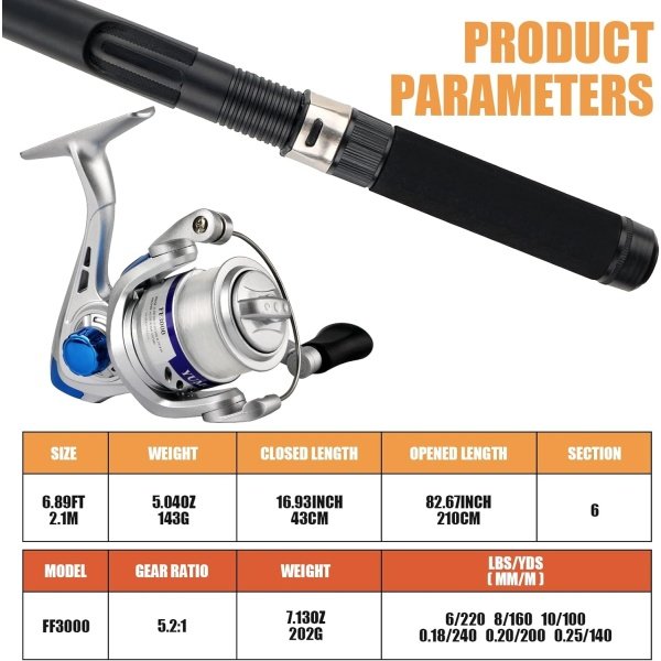 Telescopic Fishing Rod Reel Combo 2pcs 5.9FT/6.89FT Collapsible Fishing Pole Spinning Reel Lures Tackle Bag All-in-one Fishing Gear Fishing Rod Kit for Beginner Youth Adults Kids - Image 12